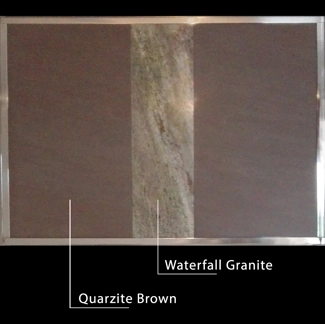 Dettaglio di stufa rivestita in Quarzite Brown e inserto in granito Waterfall